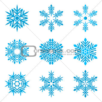 set of blue snowflakes on white