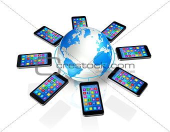 Smartphones Around World Globe, Global Communication