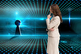 Composite image of profile view of doubtful businesswoman standing