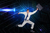 Composite image of cheerful jumping businessman with his suitcase