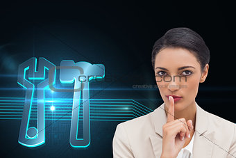 Composite image of young businesswoman asking for silence