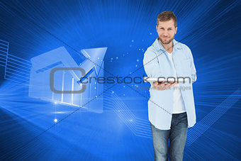 Composite image of happy man showing laptop to camera and smiling
