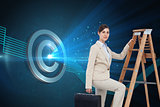 Composite image of businesswoman climbing career ladder with briefcase and looking at camera