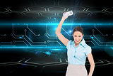 Composite image of furious classy businesswoman throwing her calculator