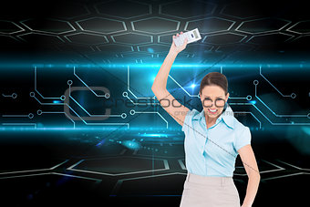 Composite image of furious classy businesswoman throwing her calculator