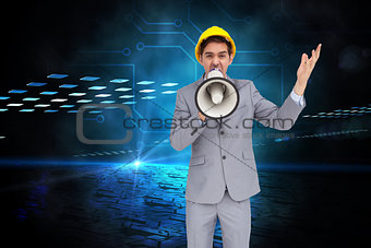 Composite image of architect with hard hat shouting with a megaphone