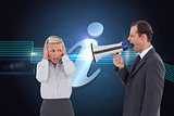 Composite image of businessman shouting at colleague with his bullhorn