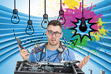 Composite image of confused it professional with cables and phone in front of open cpu