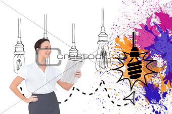 Composite image of cheerful stylish businesswoman holding newspaper