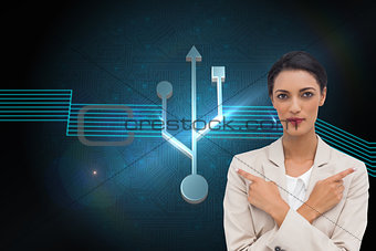 Composite image of charismatic businesswoman with her arms crossed and fingers pointing