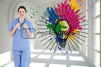 Composite image of smiling medical intern wearing a blue short-sleeve uniform