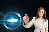 Composite image of portrait of businesswoman touching invisible screen
