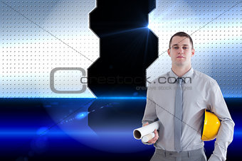 Composite image of architect carrying construction plans and helm