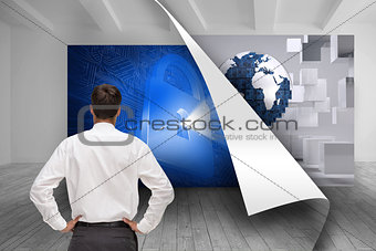 Composite image of rear view of classy young businessman posing
