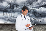 Composite image of smiling doctor holding pen and clipboard