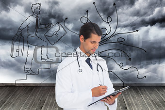 Composite image of smiling doctor holding pen and clipboard