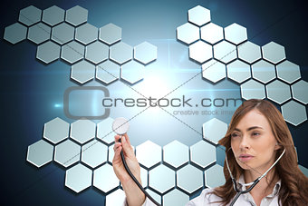 Composite image of thoughtful doctor using stethoscope