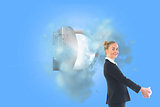 Composite image of happy businesswoman looking at camera