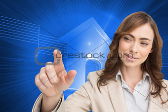 Composite image of businesswoman touching invisible screen