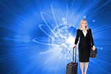 Composite image of smiling businesswoman holding a suitcase