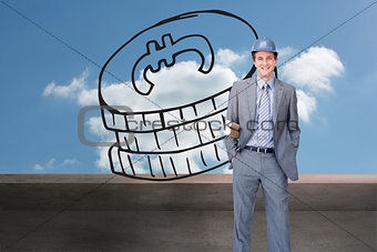 Composite image of smiling attractive architect on phone holding plans