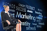 Composite image of businesswoman sitting on swivel chair in black suit