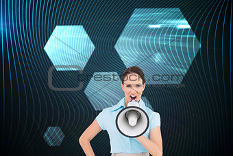 Composite image of furious classy businesswoman talking in megaphone