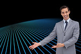 Composite image of happy businessman giving a presentation with his hands