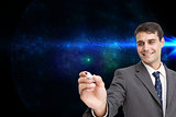 Composite image of young businessman writing something