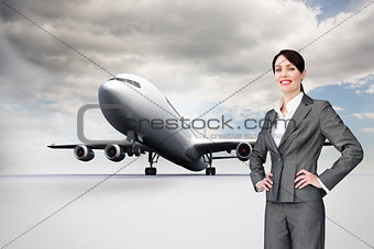 Composite image of attractive customer service agent with headset on