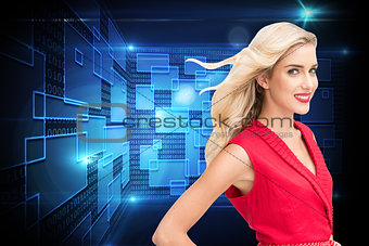 Composite image of smiling blonde standing hands on hips