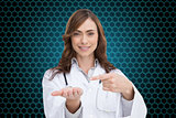 Composite image of smiling doctor presenting her hand