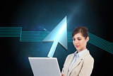 Composite image of confident businesswoman holding laptop