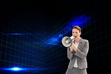 Composite image of businesswoman talking on a megaphone