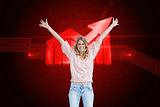 Composite image of full length shot of a smiling woman with her arms raised up