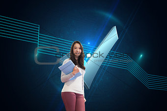 Composite image of smiling student in a computer room