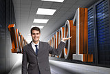 Composite image of happy businessman presenting