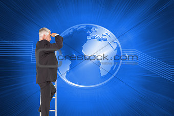 Composite image of mature businessman standing on ladder