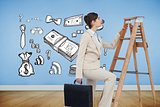 Composite image of businesswoman climbing career ladder with briefcase