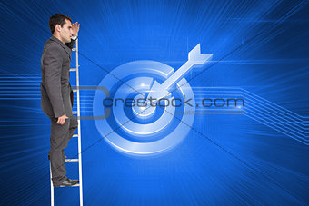 Composite image of stern businessman standing on ladder