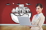Composite image of confident businesswoman holding laptop