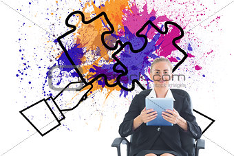 Composite image of businesswoman sitting on swivel chair with tablet