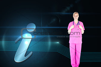 Composite image of confident young female surgeon holding a stethoscope