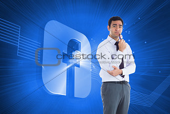 Composite image of thinking businessman holding glasses