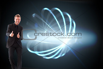 Composite image of businessman with thumbs up in a meeting
