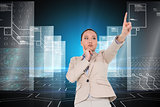 Composite image of thoughtful asian businesswoman pointing