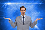 Composite image of smiling businessman presenting something with his hands