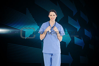 Composite image of smiling medical intern wearing a blue short-sleeve uniform