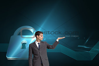 Composite image of stern businessman presenting