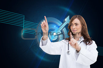 Composite image of happy doctor pointing